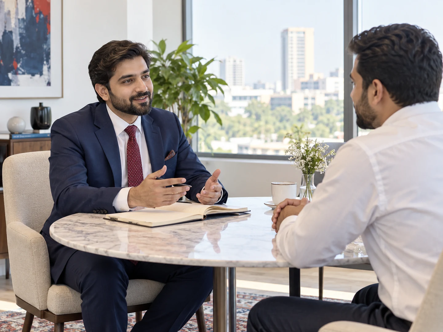 Illustration of a consultant discussing client requirements